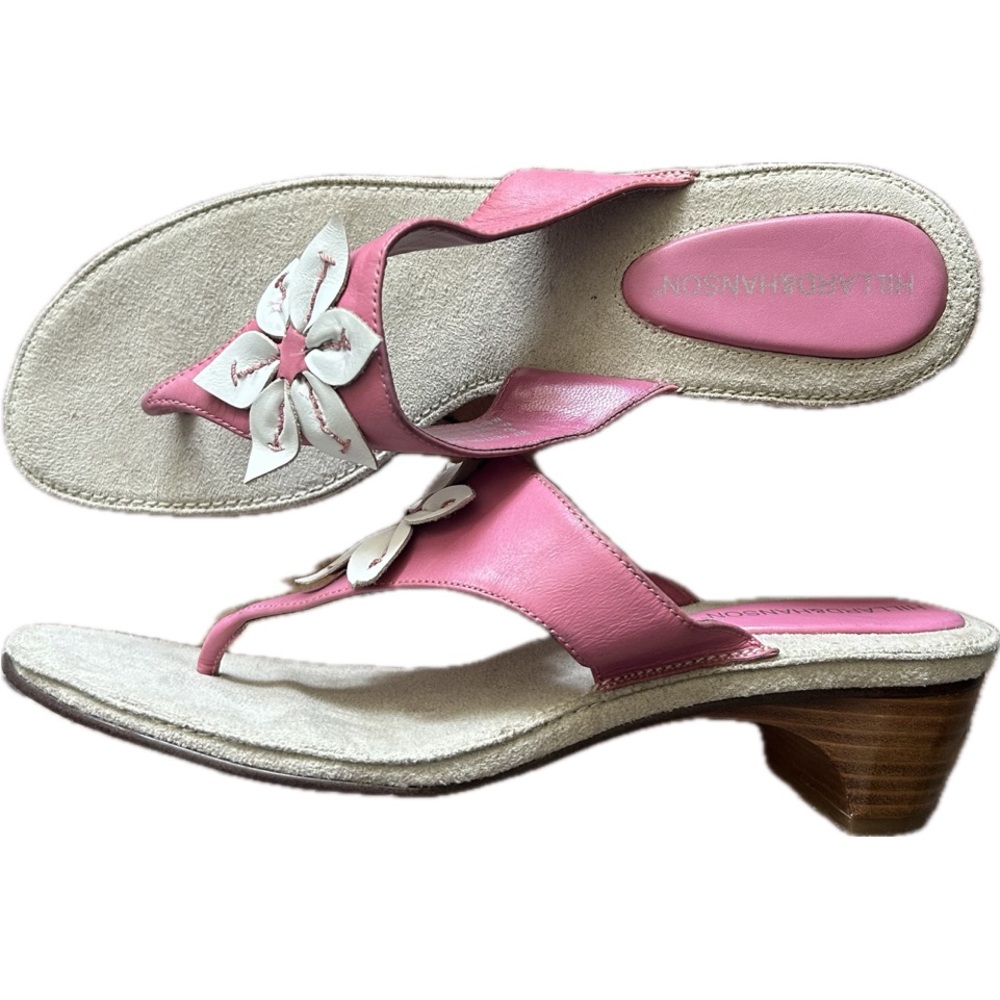 Hillard & Hanson Leather Sandals Womens 9 Pink White Flower Wooden Heel Shoes